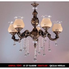 Volera Beşli Kristal Taş ve Camlı Eskitme Avize