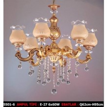 casting Altı Kollu Kristal Taşlı ve Camlı Altın Renkli Avize