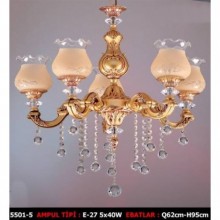 casting Beş Kollu Kristal Taşlı ve Camlı Altın Renkli Avize