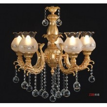 Üzüm 5 Kollu Kristal Taşlı ve Camlı Mat Sarı Renkli Avize